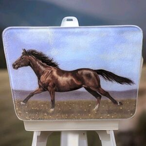 Running Horse Tempered Glass Cutting Board 16" wide x 12" tall Brown Blue NEW